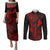 Hawaii Couples Matching Puletasi Dress and Long Sleeve Button Shirts Fish Hook Tattoo Mix Polynesian Plumeria Red Version - Wonder Print Shop