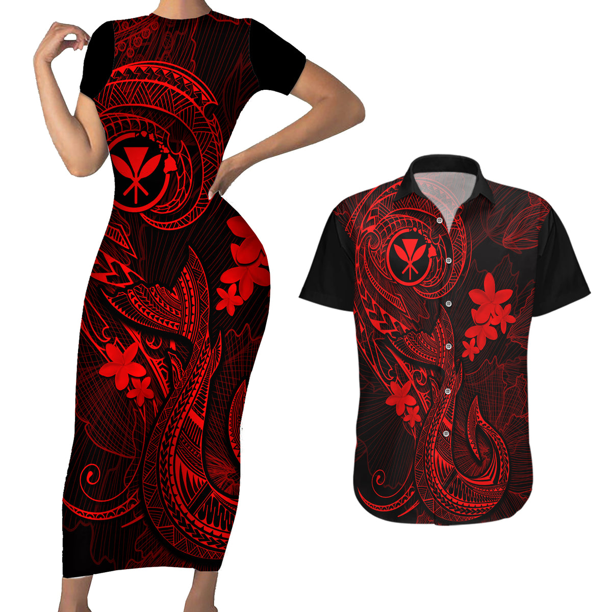 Hawaii Couples Matching Short Sleeve Bodycon Dress and Hawaiian Shirt Fish Hook Tattoo Mix Polynesian Plumeria Red Version - Wonder Print Shop