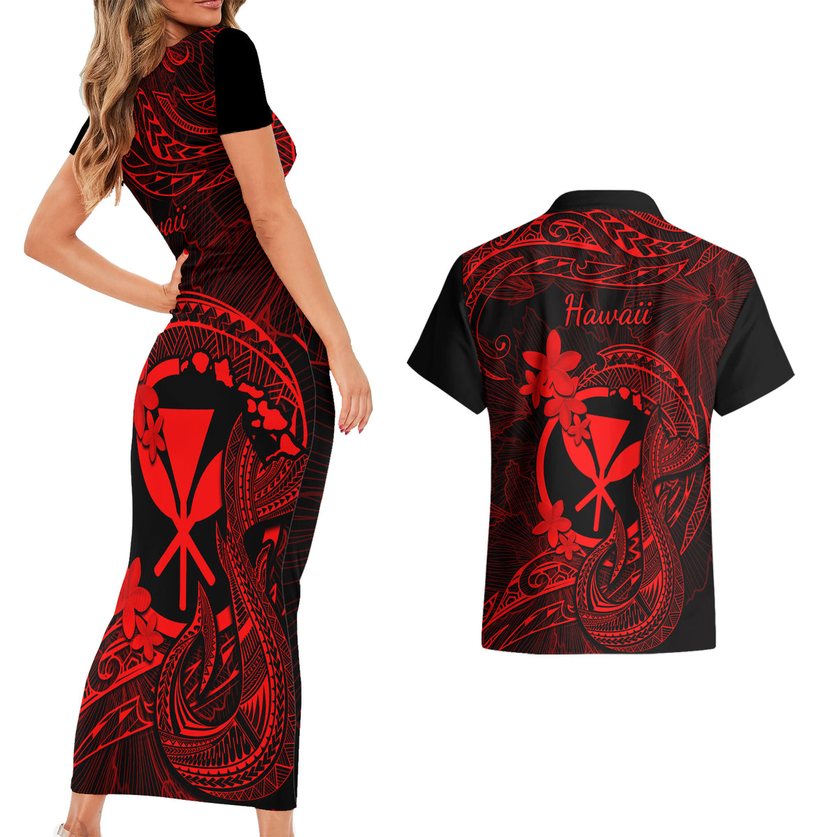 Hawaii Couples Matching Short Sleeve Bodycon Dress and Hawaiian Shirt Fish Hook Tattoo Mix Polynesian Plumeria Red Version - Wonder Print Shop
