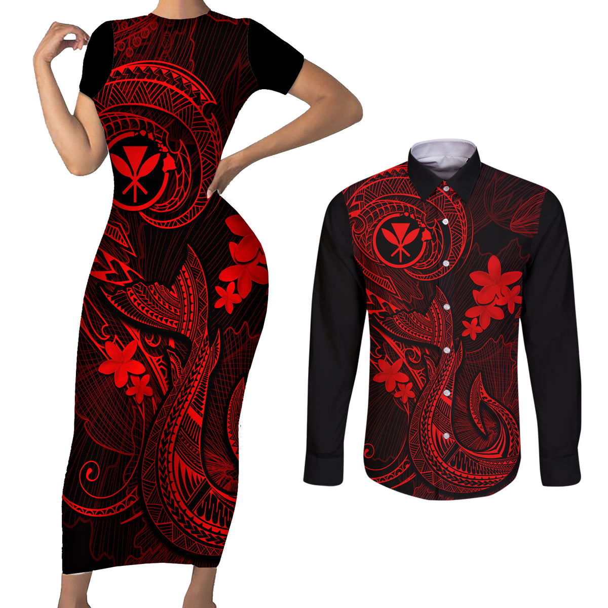 Hawaii Couples Matching Short Sleeve Bodycon Dress and Long Sleeve Button Shirts Fish Hook Tattoo Mix Polynesian Plumeria Red Version - Wonder Print Shop