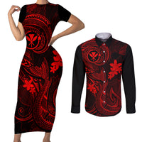 Hawaii Couples Matching Short Sleeve Bodycon Dress and Long Sleeve Button Shirts Fish Hook Tattoo Mix Polynesian Plumeria Red Version - Wonder Print Shop