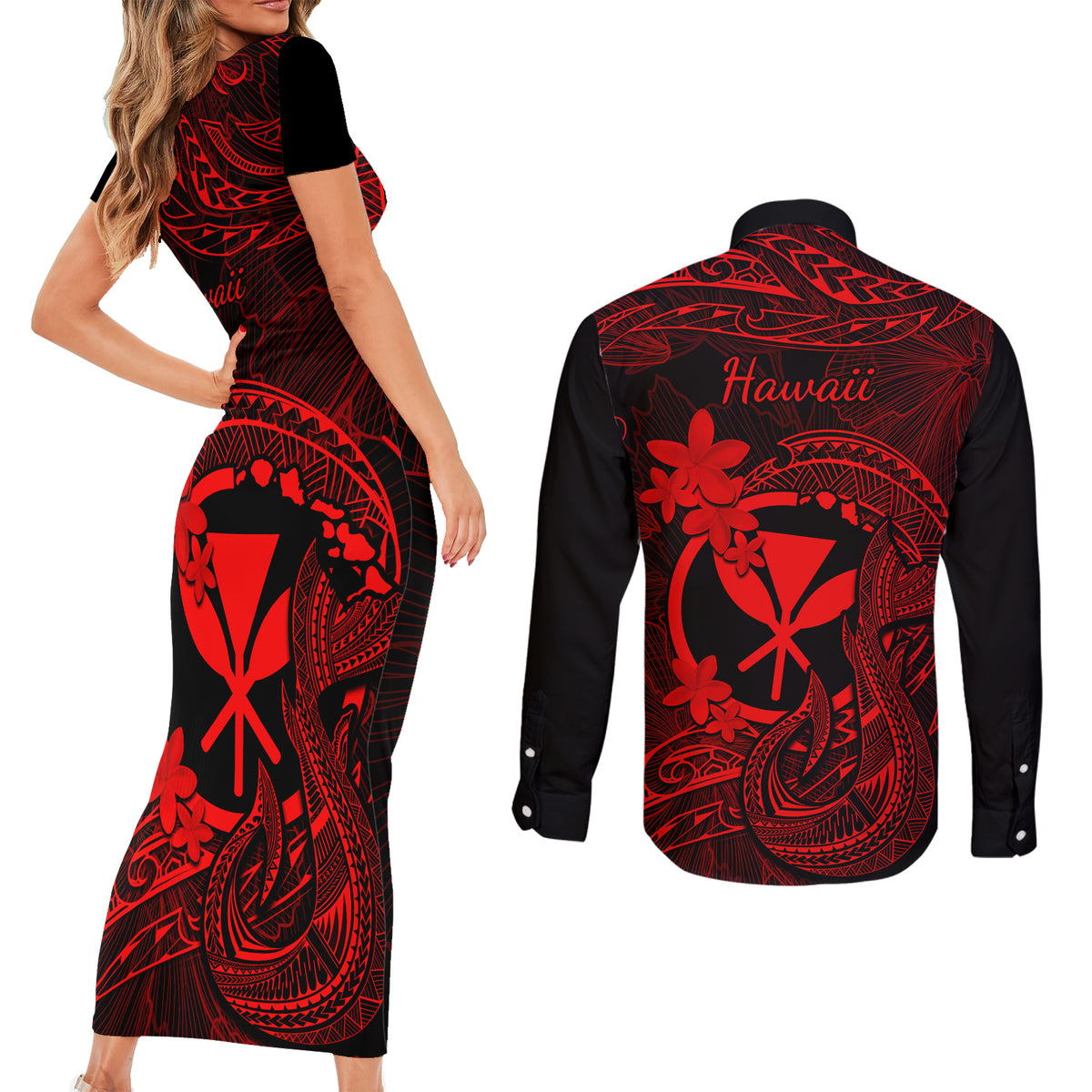 Hawaii Couples Matching Short Sleeve Bodycon Dress and Long Sleeve Button Shirts Fish Hook Tattoo Mix Polynesian Plumeria Red Version - Wonder Print Shop
