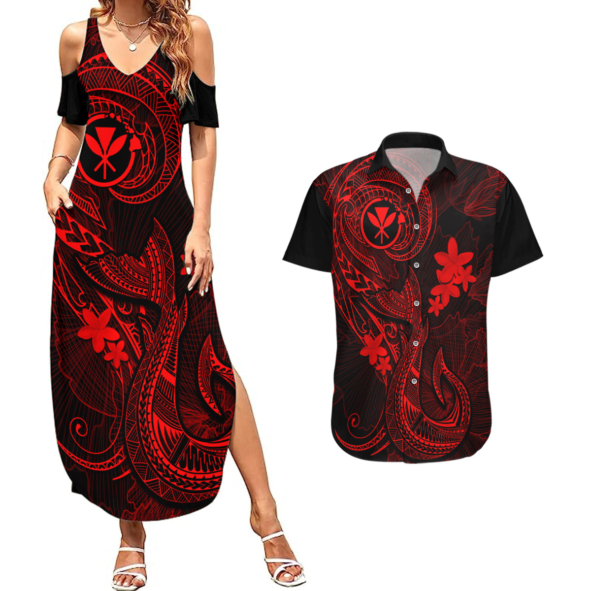 Hawaii Couples Matching Summer Maxi Dress and Hawaiian Shirt Fish Hook Tattoo Mix Polynesian Plumeria Red Version - Wonder Print Shop