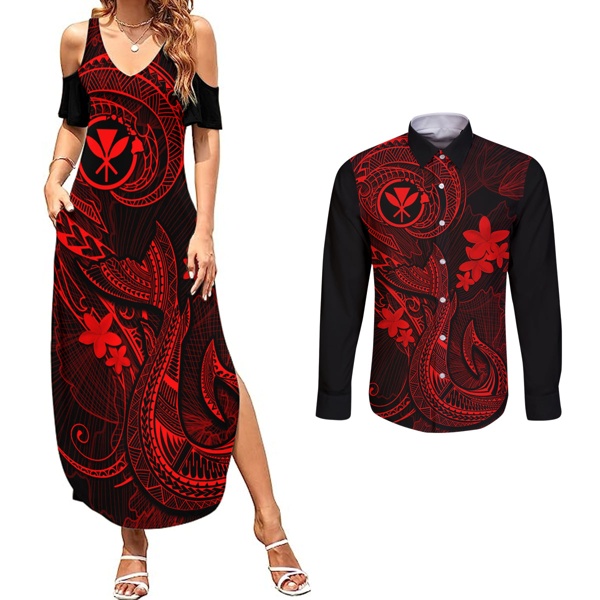 Hawaii Couples Matching Summer Maxi Dress and Long Sleeve Button Shirts Fish Hook Tattoo Mix Polynesian Plumeria Red Version - Wonder Print Shop