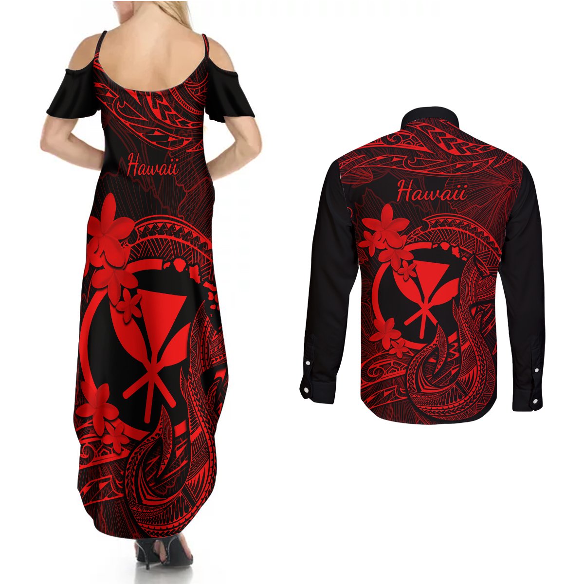 Hawaii Couples Matching Summer Maxi Dress and Long Sleeve Button Shirts Fish Hook Tattoo Mix Polynesian Plumeria Red Version - Wonder Print Shop