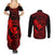 Hawaii Couples Matching Summer Maxi Dress and Long Sleeve Button Shirts Fish Hook Tattoo Mix Polynesian Plumeria Red Version - Wonder Print Shop