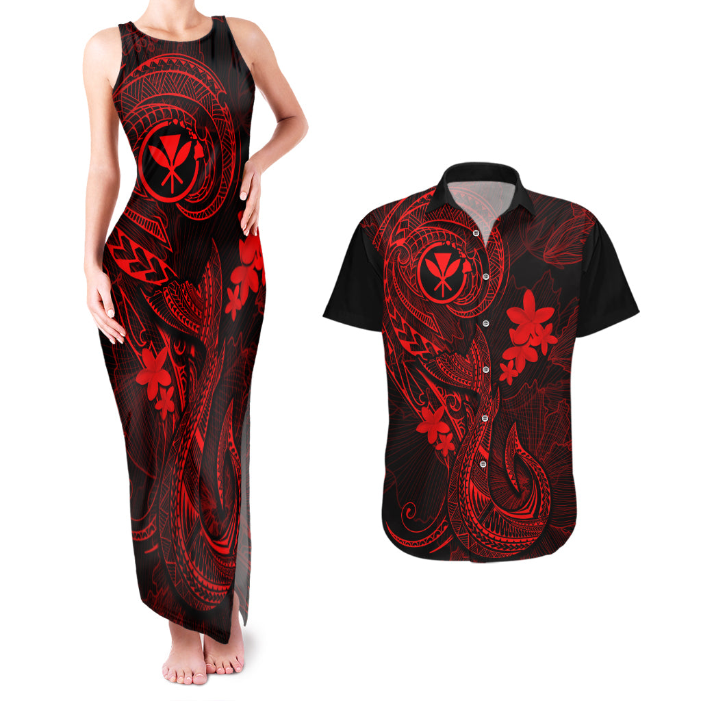 Hawaii Couples Matching Tank Maxi Dress and Hawaiian Shirt Fish Hook Tattoo Mix Polynesian Plumeria Red Version - Wonder Print Shop