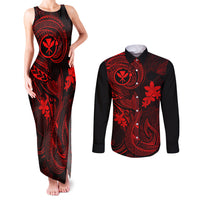 Hawaii Couples Matching Tank Maxi Dress and Long Sleeve Button Shirts Fish Hook Tattoo Mix Polynesian Plumeria Red Version - Wonder Print Shop