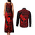 Hawaii Couples Matching Tank Maxi Dress and Long Sleeve Button Shirts Fish Hook Tattoo Mix Polynesian Plumeria Red Version - Wonder Print Shop