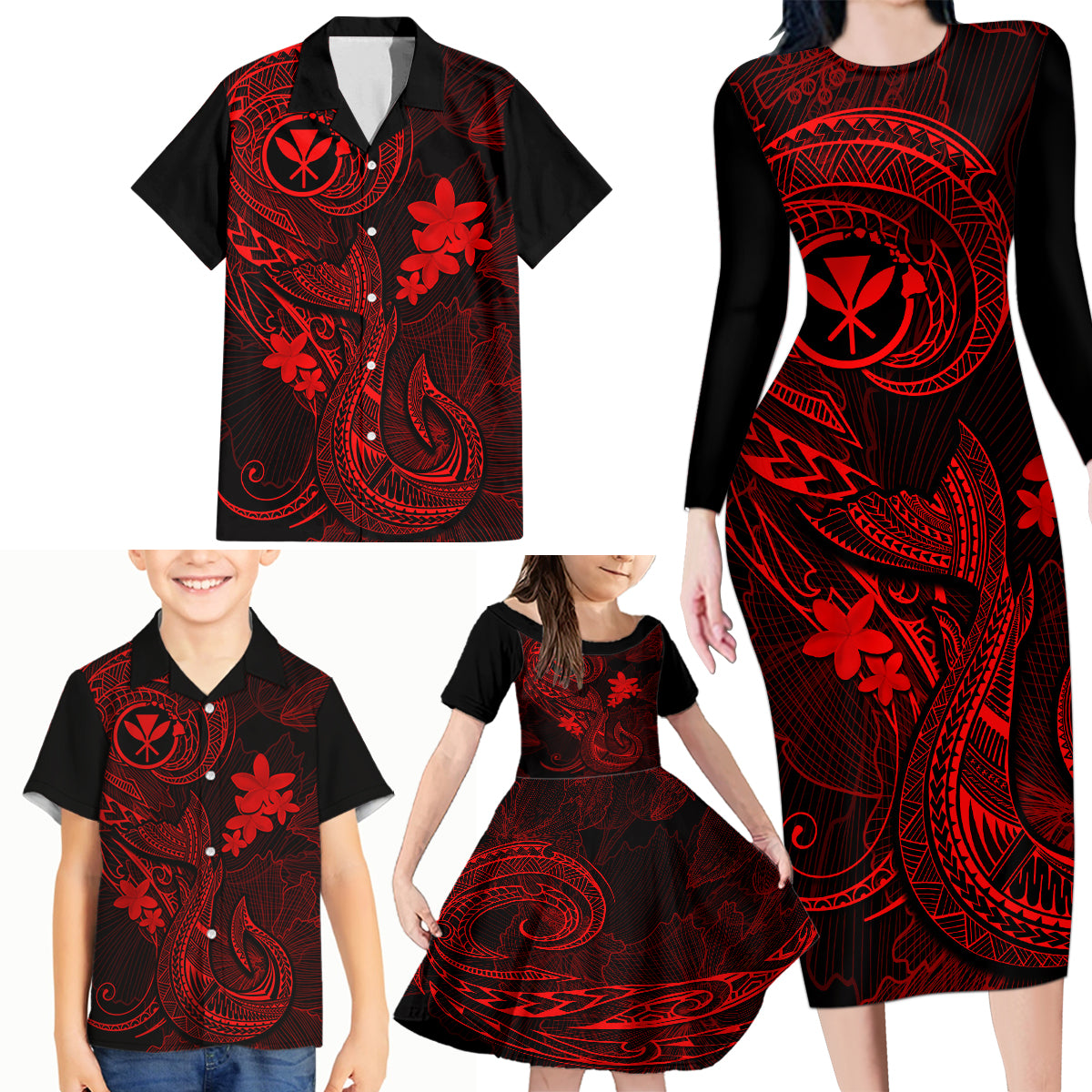 Hawaii Family Matching Long Sleeve Bodycon Dress and Hawaiian Shirt Fish Hook Tattoo Mix Polynesian Plumeria Red Version - Wonder Print Shop