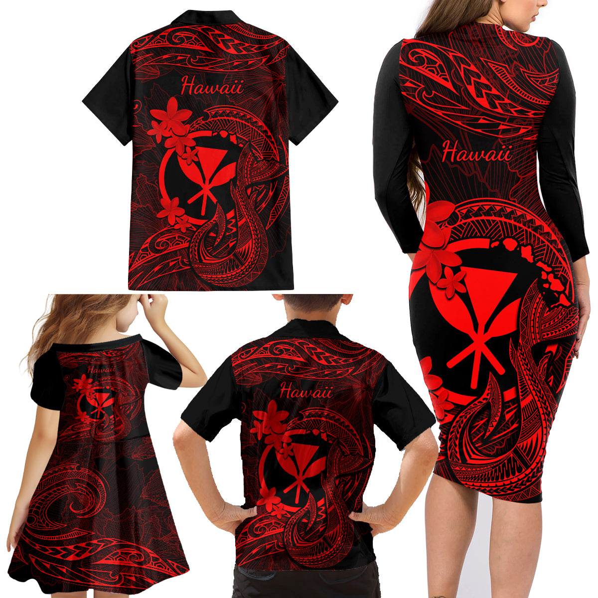 Hawaii Family Matching Long Sleeve Bodycon Dress and Hawaiian Shirt Fish Hook Tattoo Mix Polynesian Plumeria Red Version - Wonder Print Shop