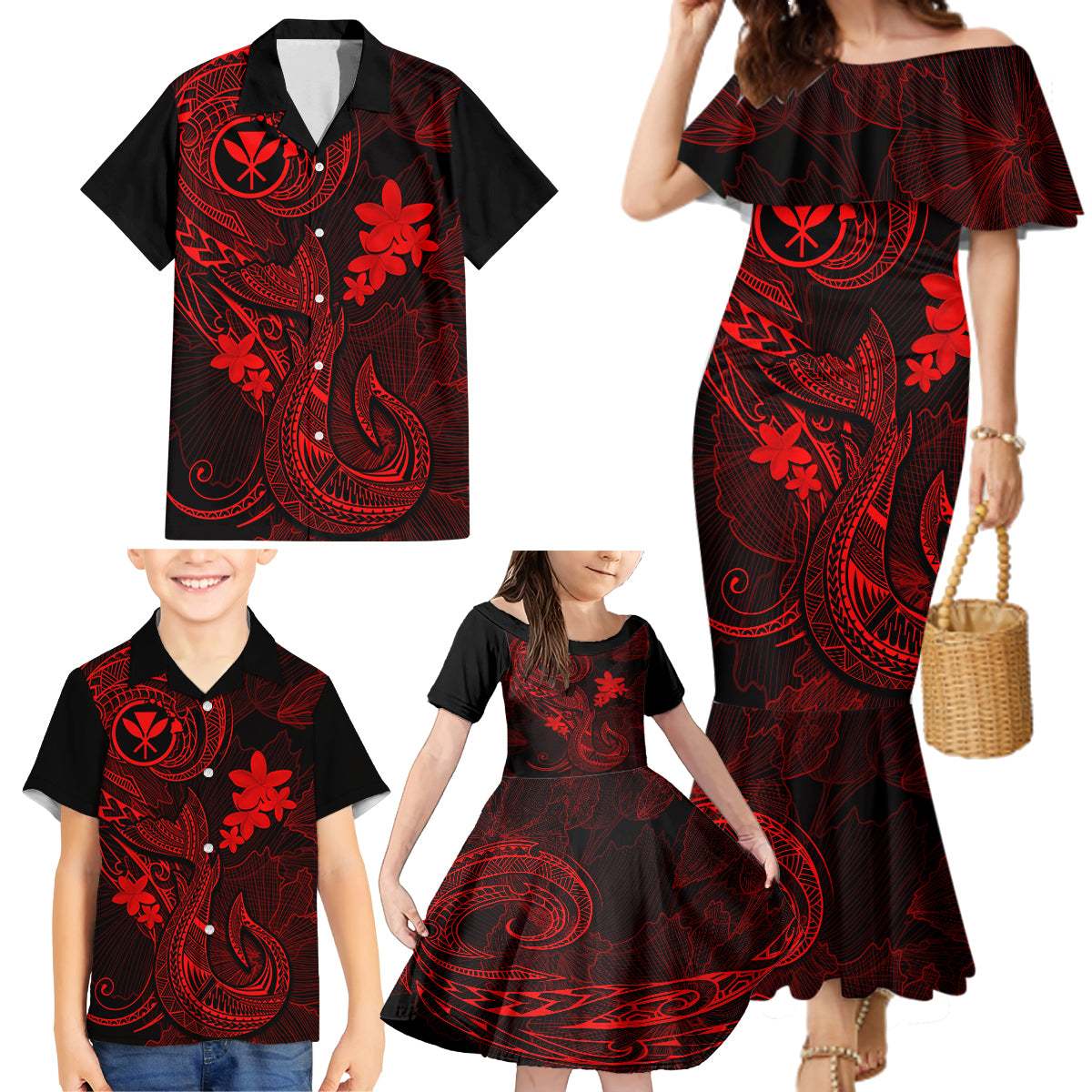 Hawaii Family Matching Mermaid Dress and Hawaiian Shirt Fish Hook Tattoo Mix Polynesian Plumeria Red Version - Wonder Print Shop