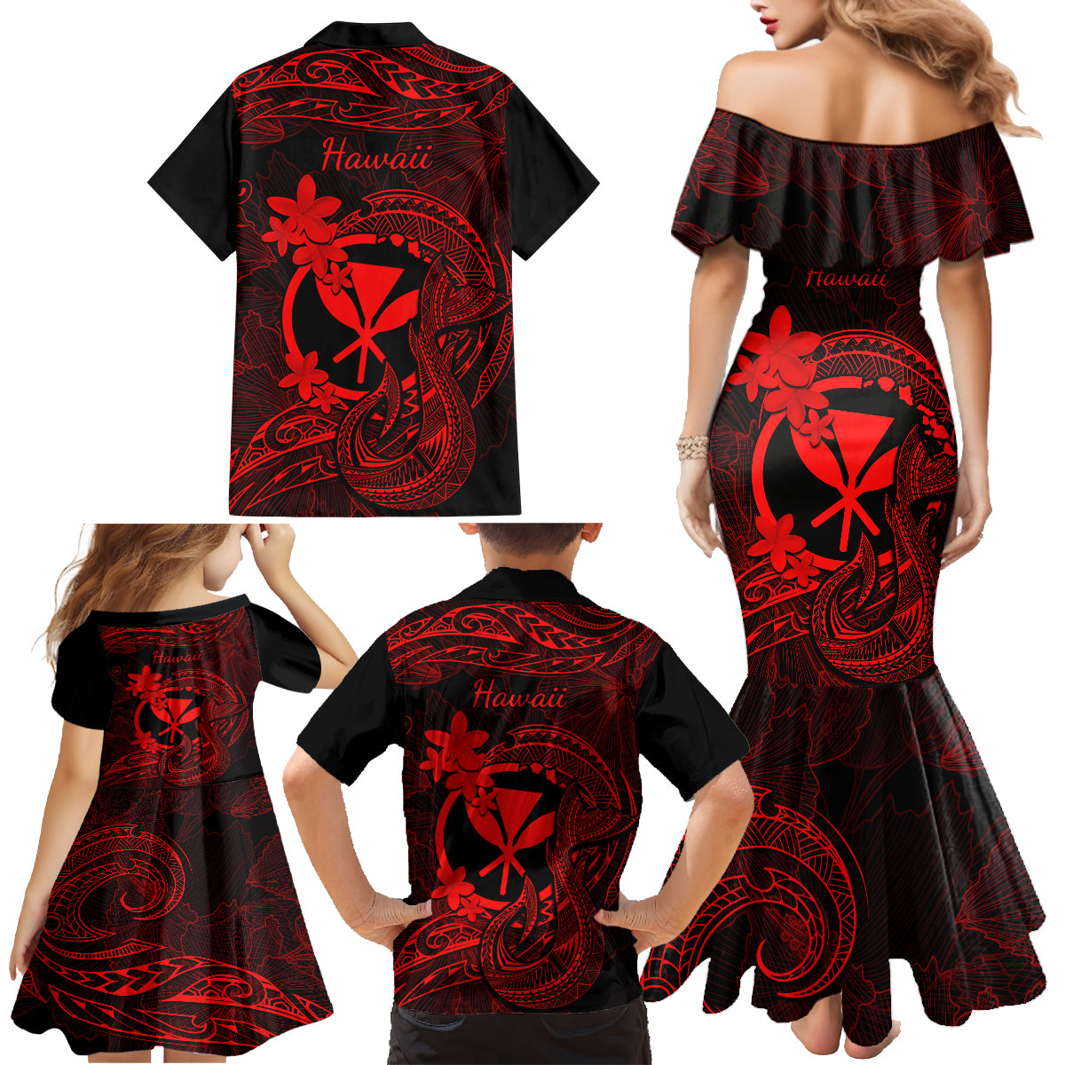 Hawaii Family Matching Mermaid Dress and Hawaiian Shirt Fish Hook Tattoo Mix Polynesian Plumeria Red Version - Wonder Print Shop