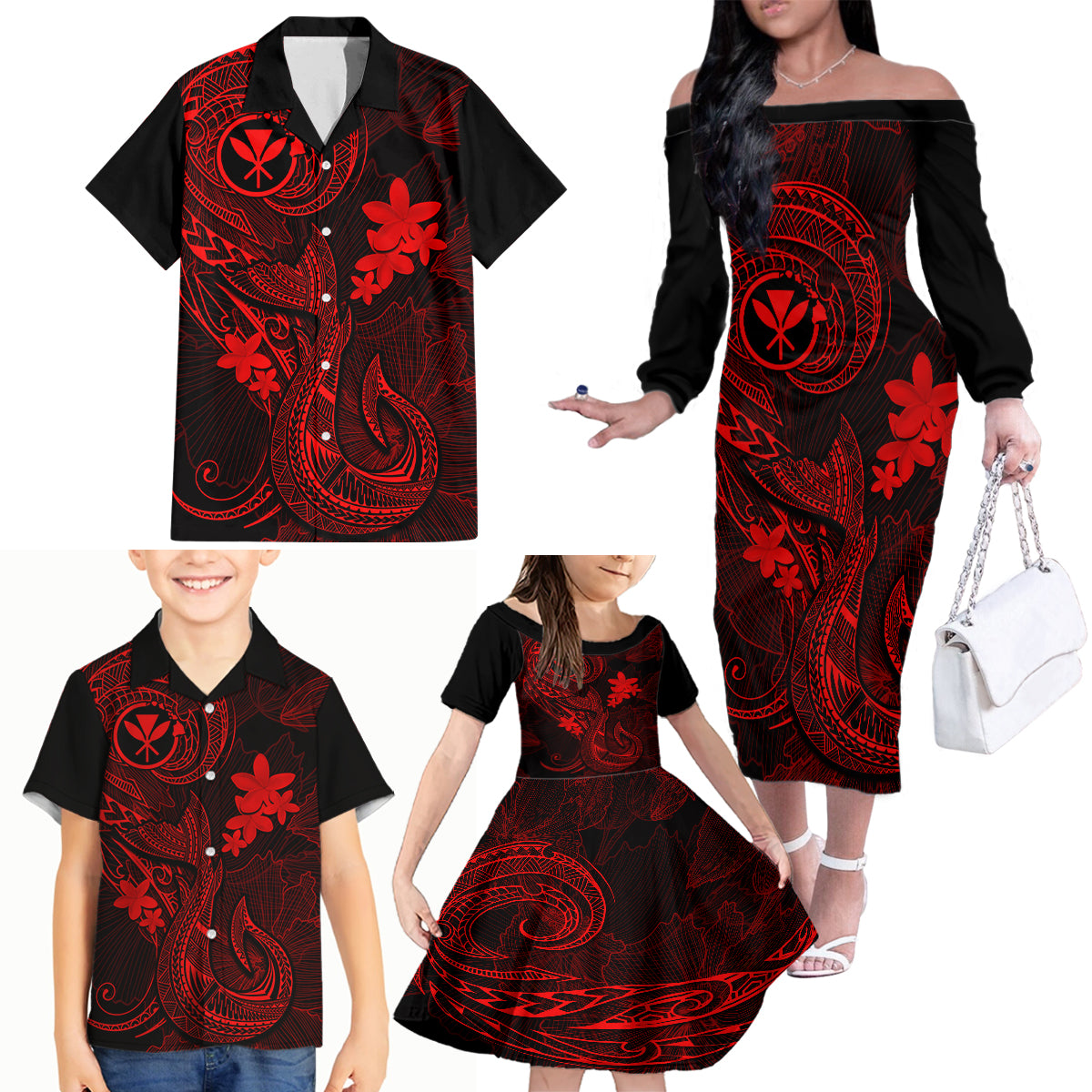 Hawaii Family Matching Off Shoulder Long Sleeve Dress and Hawaiian Shirt Fish Hook Tattoo Mix Polynesian Plumeria Red Version - Wonder Print Shop