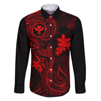 Hawaii Family Matching Off Shoulder Long Sleeve Dress and Hawaiian Shirt Fish Hook Tattoo Mix Polynesian Plumeria Red Version - Wonder Print Shop
