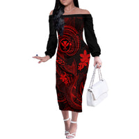 Hawaii Family Matching Off Shoulder Long Sleeve Dress and Hawaiian Shirt Fish Hook Tattoo Mix Polynesian Plumeria Red Version - Wonder Print Shop