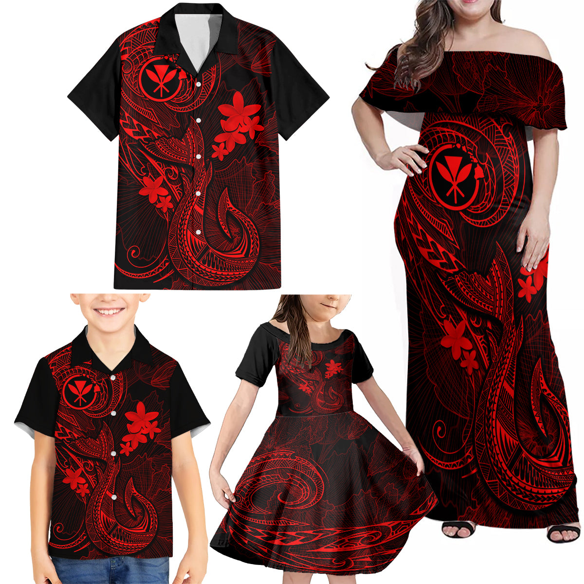 Hawaii Family Matching Off Shoulder Maxi Dress and Hawaiian Shirt Fish Hook Tattoo Mix Polynesian Plumeria Red Version - Wonder Print Shop