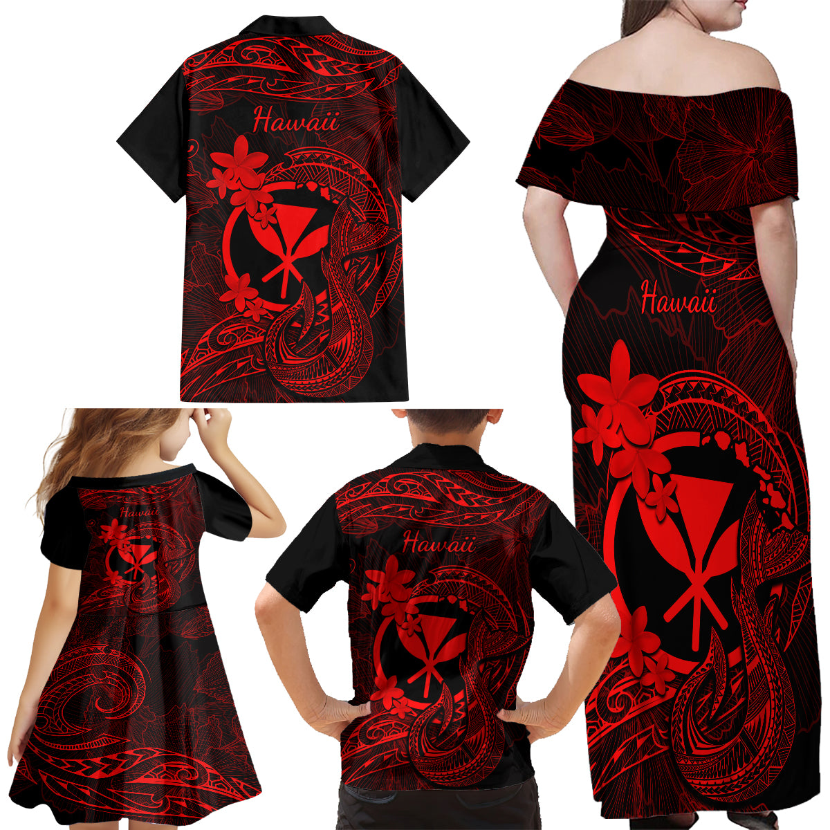 Hawaii Family Matching Off Shoulder Maxi Dress and Hawaiian Shirt Fish Hook Tattoo Mix Polynesian Plumeria Red Version - Wonder Print Shop