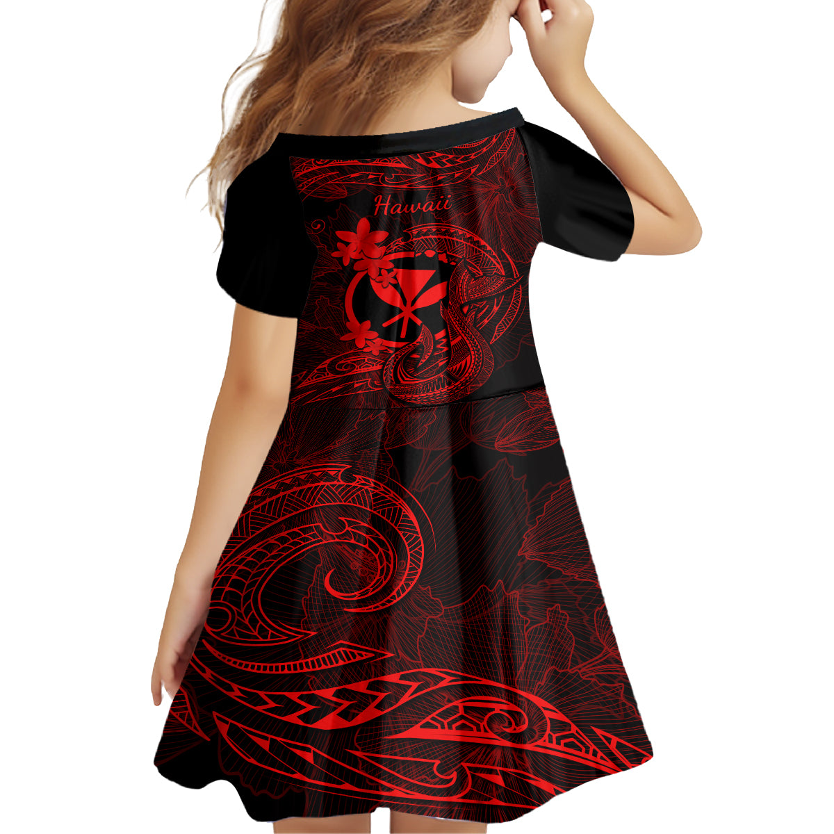 Hawaii Family Matching Off Shoulder Short Dress and Hawaiian Shirt Fish Hook Tattoo Mix Polynesian Plumeria Red Version - Wonder Print Shop