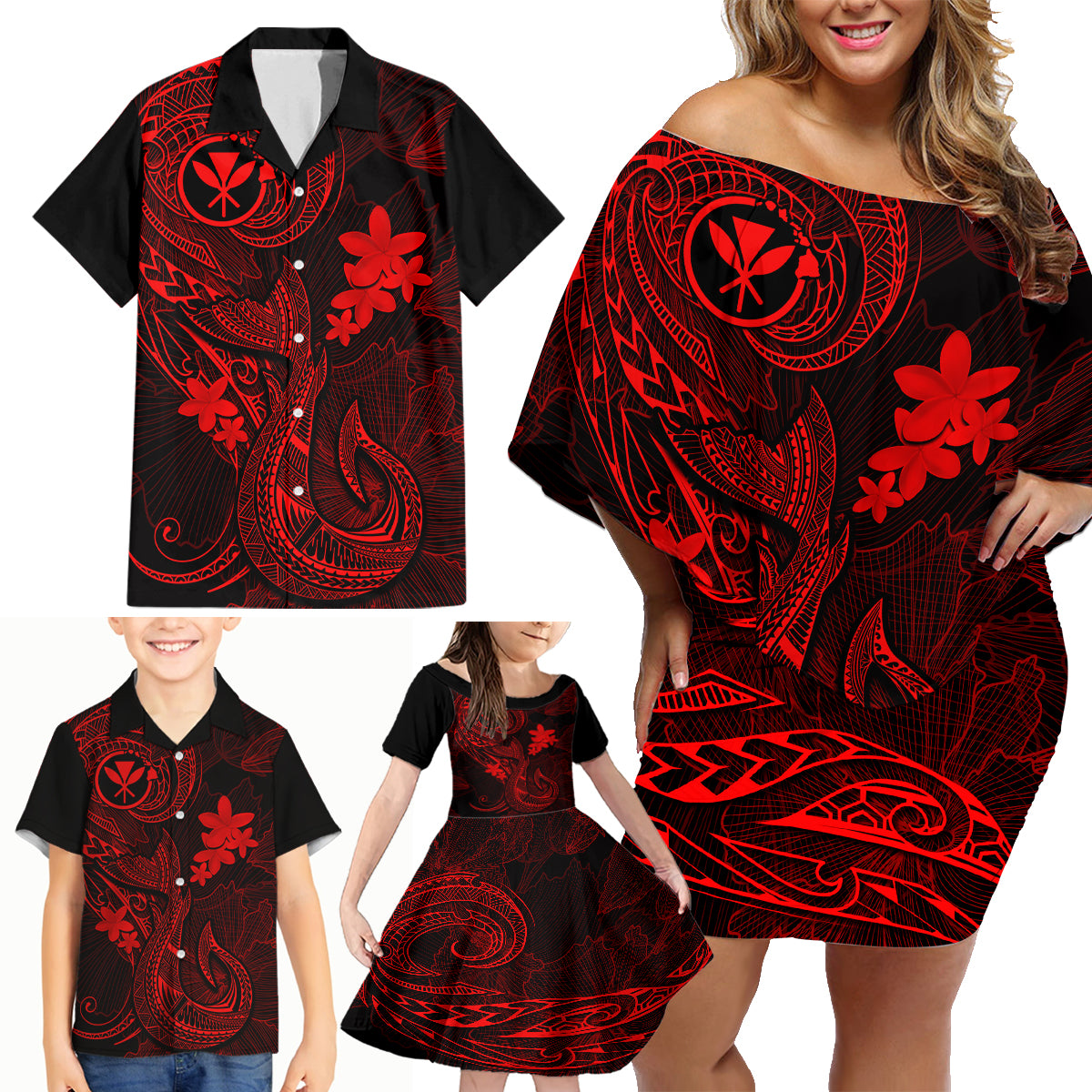Hawaii Family Matching Off Shoulder Short Dress and Hawaiian Shirt Fish Hook Tattoo Mix Polynesian Plumeria Red Version - Wonder Print Shop