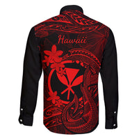 Hawaii Family Matching Off Shoulder Short Dress and Hawaiian Shirt Fish Hook Tattoo Mix Polynesian Plumeria Red Version - Wonder Print Shop