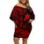 Hawaii Family Matching Off Shoulder Short Dress and Hawaiian Shirt Fish Hook Tattoo Mix Polynesian Plumeria Red Version - Wonder Print Shop