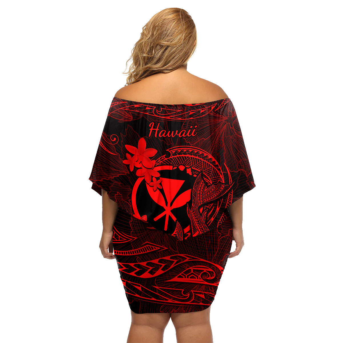 Hawaii Family Matching Off Shoulder Short Dress and Hawaiian Shirt Fish Hook Tattoo Mix Polynesian Plumeria Red Version - Wonder Print Shop