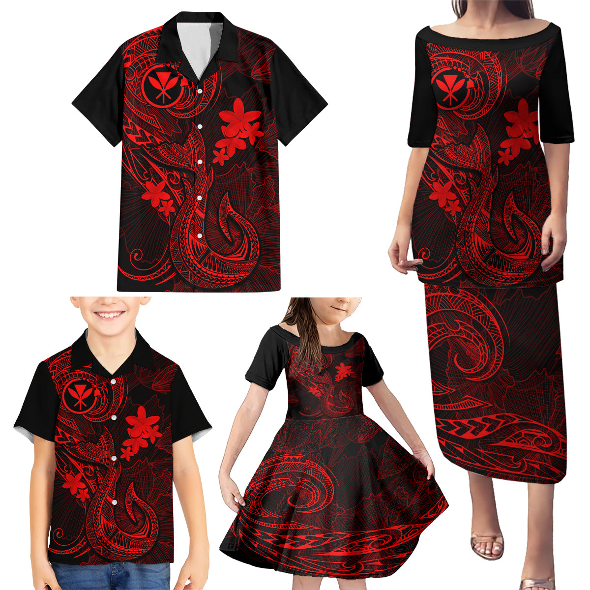 Hawaii Family Matching Puletasi Dress and Hawaiian Shirt Fish Hook Tattoo Mix Polynesian Plumeria Red Version - Wonder Print Shop