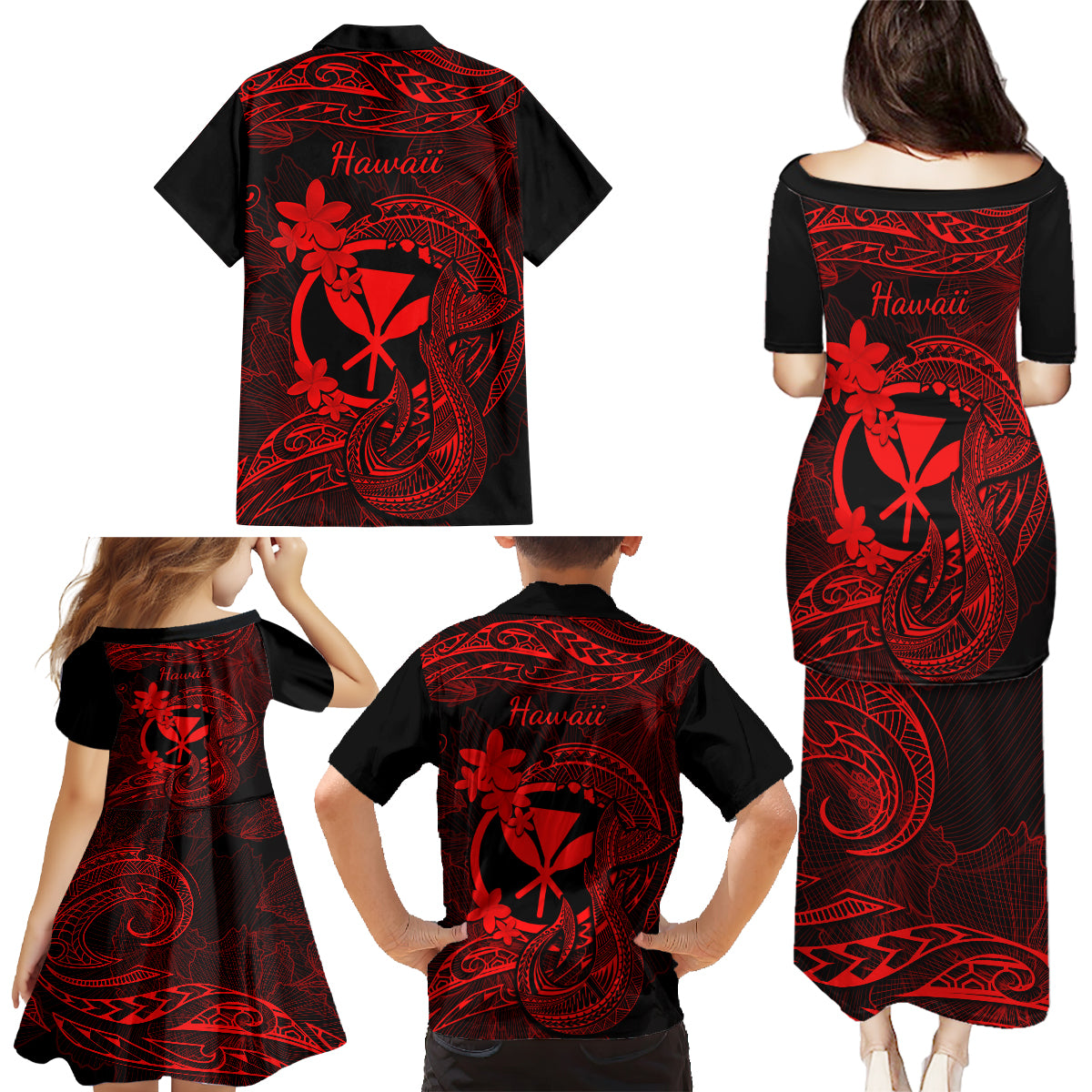 Hawaii Family Matching Puletasi Dress and Hawaiian Shirt Fish Hook Tattoo Mix Polynesian Plumeria Red Version - Wonder Print Shop