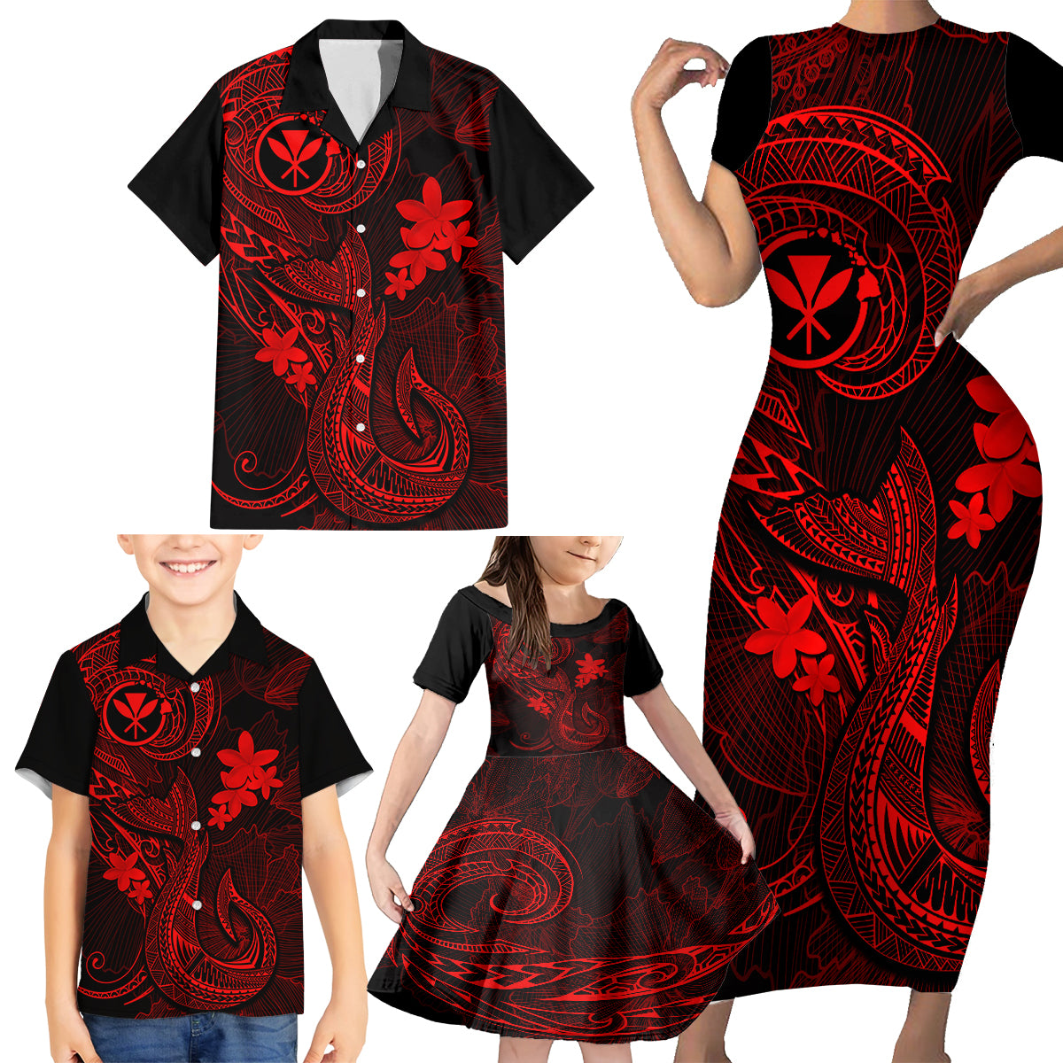 Hawaii Family Matching Short Sleeve Bodycon Dress and Hawaiian Shirt Fish Hook Tattoo Mix Polynesian Plumeria Red Version - Wonder Print Shop