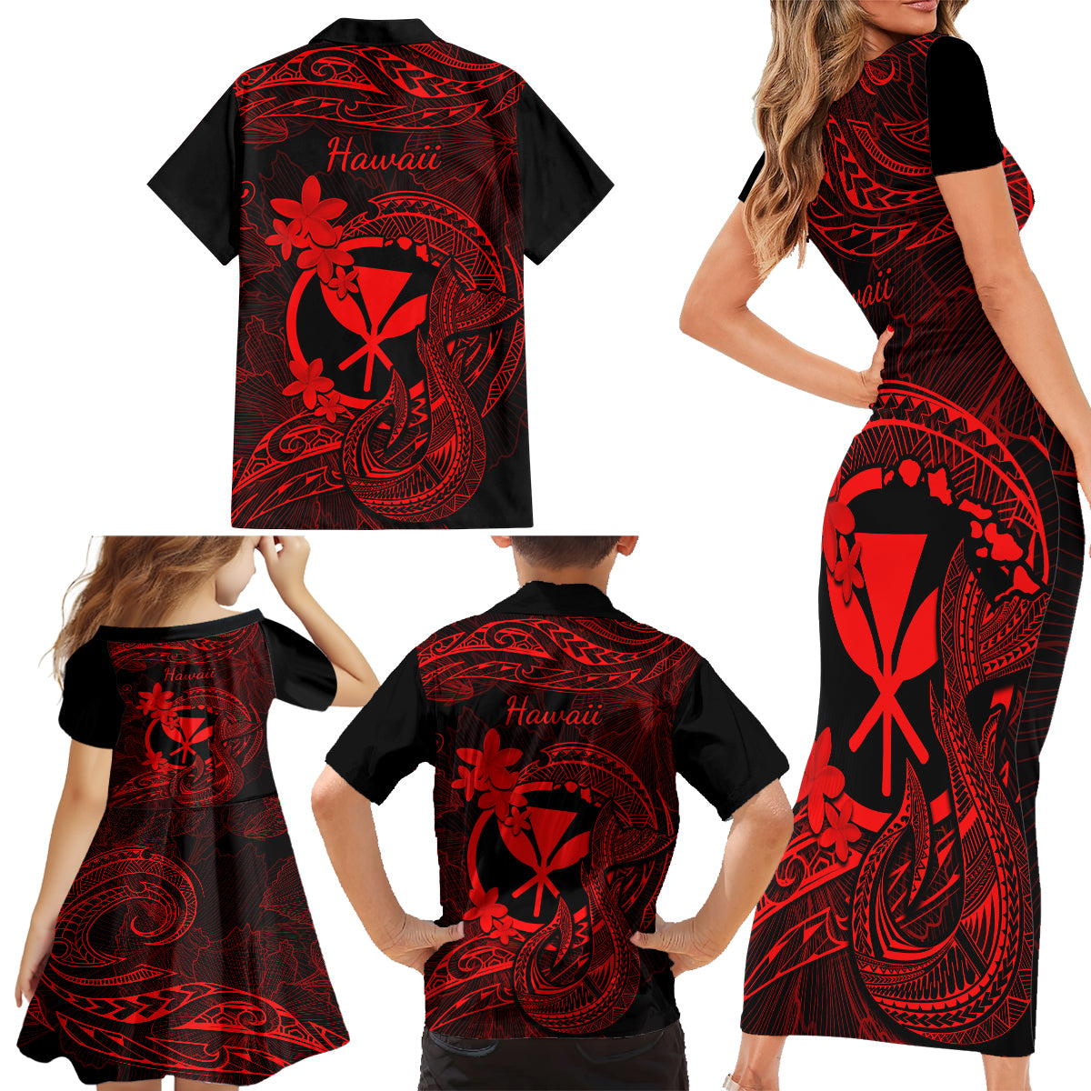 Hawaii Family Matching Short Sleeve Bodycon Dress and Hawaiian Shirt Fish Hook Tattoo Mix Polynesian Plumeria Red Version - Wonder Print Shop