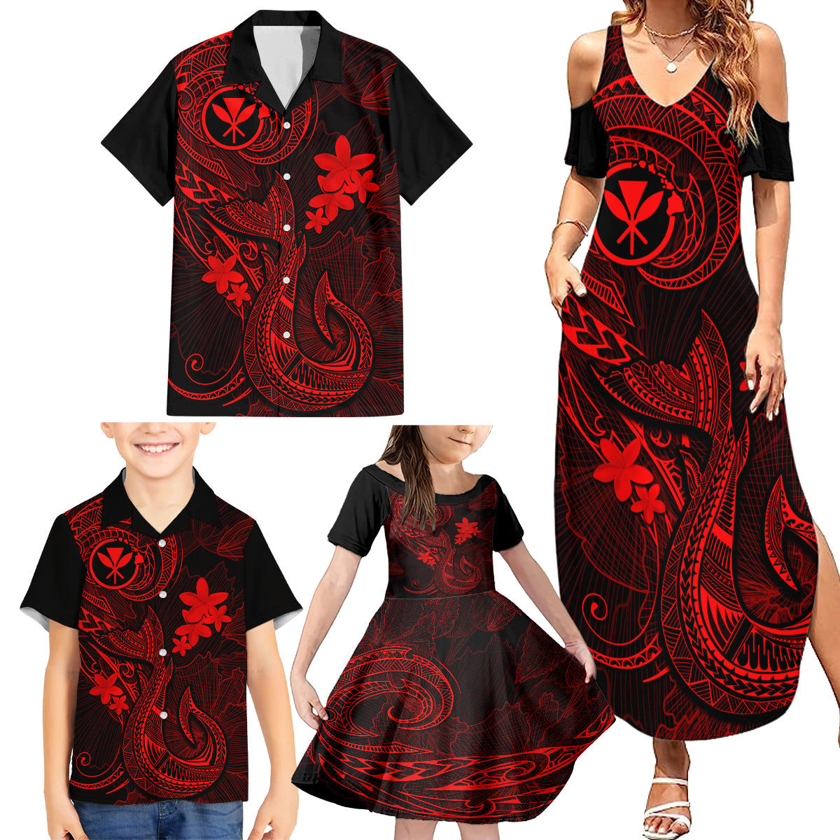 Hawaii Family Matching Summer Maxi Dress and Hawaiian Shirt Fish Hook Tattoo Mix Polynesian Plumeria Red Version - Wonder Print Shop