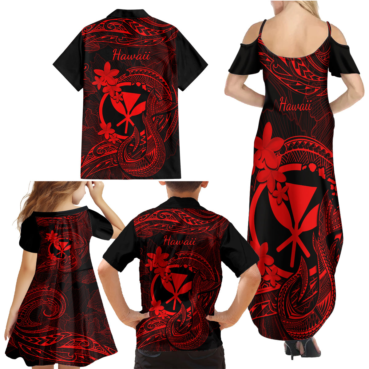 Hawaii Family Matching Summer Maxi Dress and Hawaiian Shirt Fish Hook Tattoo Mix Polynesian Plumeria Red Version - Wonder Print Shop