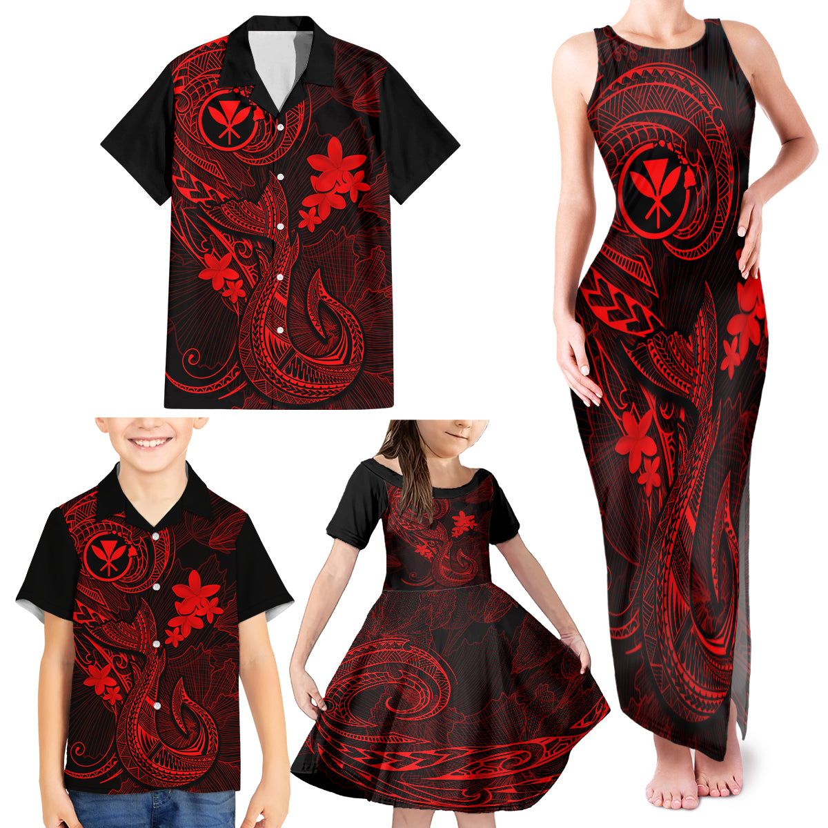 Hawaii Family Matching Tank Maxi Dress and Hawaiian Shirt Fish Hook Tattoo Mix Polynesian Plumeria Red Version - Wonder Print Shop
