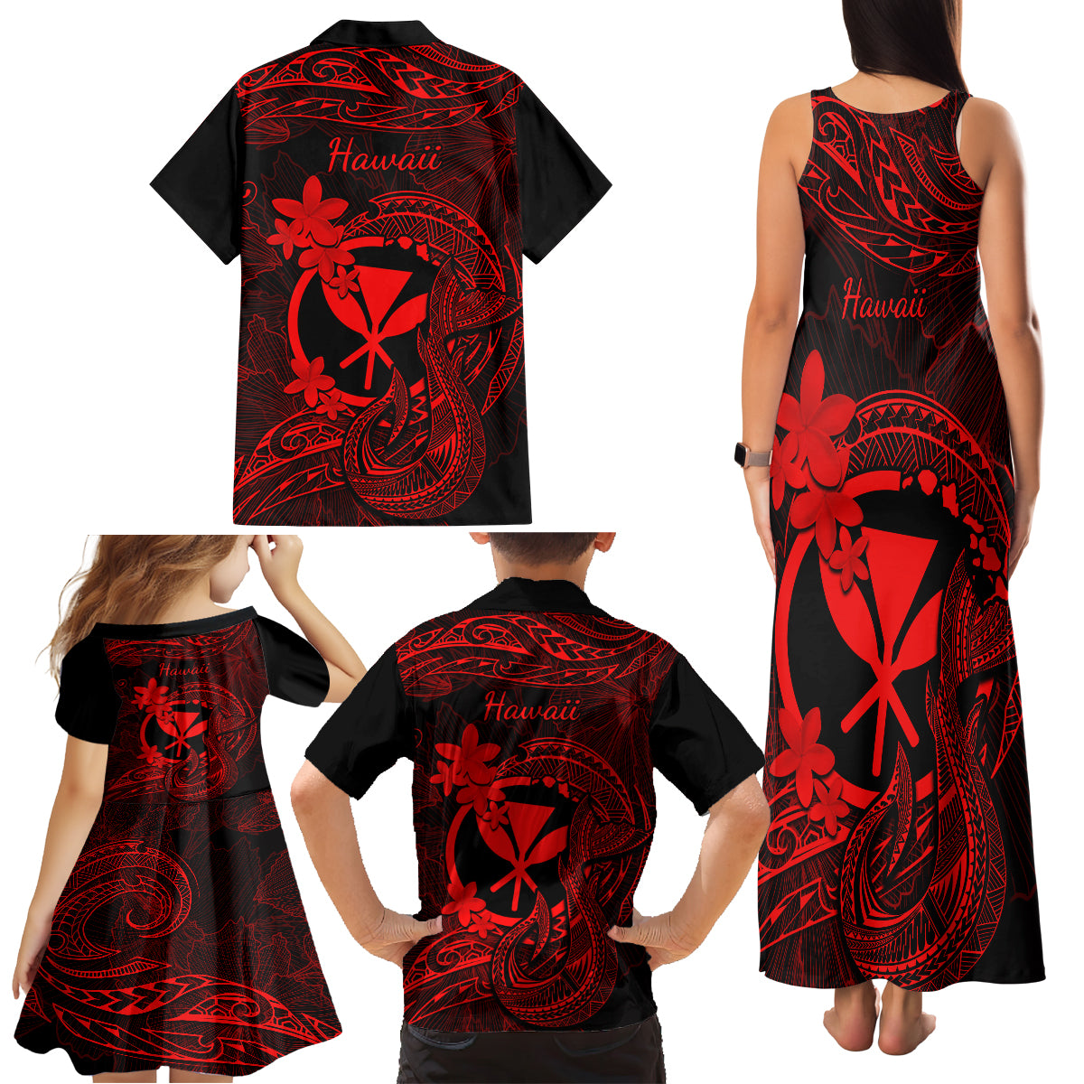 Hawaii Family Matching Tank Maxi Dress and Hawaiian Shirt Fish Hook Tattoo Mix Polynesian Plumeria Red Version - Wonder Print Shop