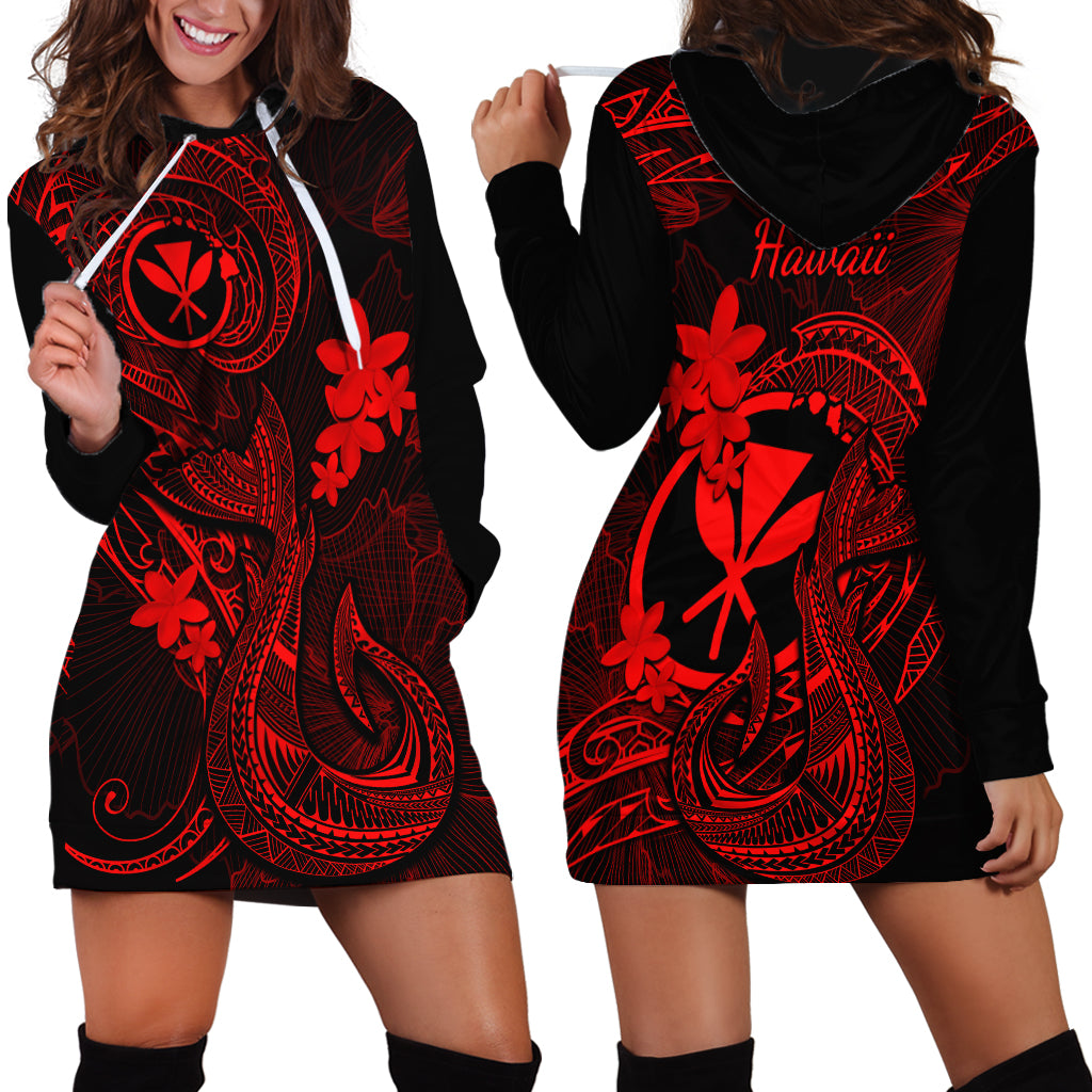 Hawaii Hoodie Dress Fish Hook Tattoo Mix Polynesian Plumeria Red Version - Wonder Print Shop