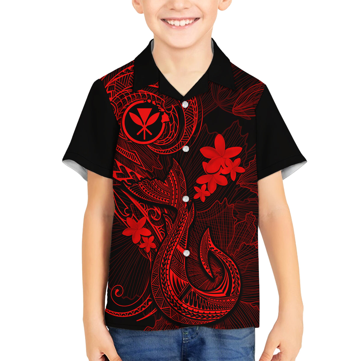 Hawaii Kid Hawaiian Shirt Fish Hook Tattoo Mix Polynesian Plumeria Red Version - Wonder Print Shop