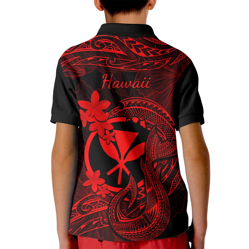 Hawaii Kid Polo Shirt Fish Hook Tattoo Mix Polynesian Plumeria Red Version - Wonder Print Shop