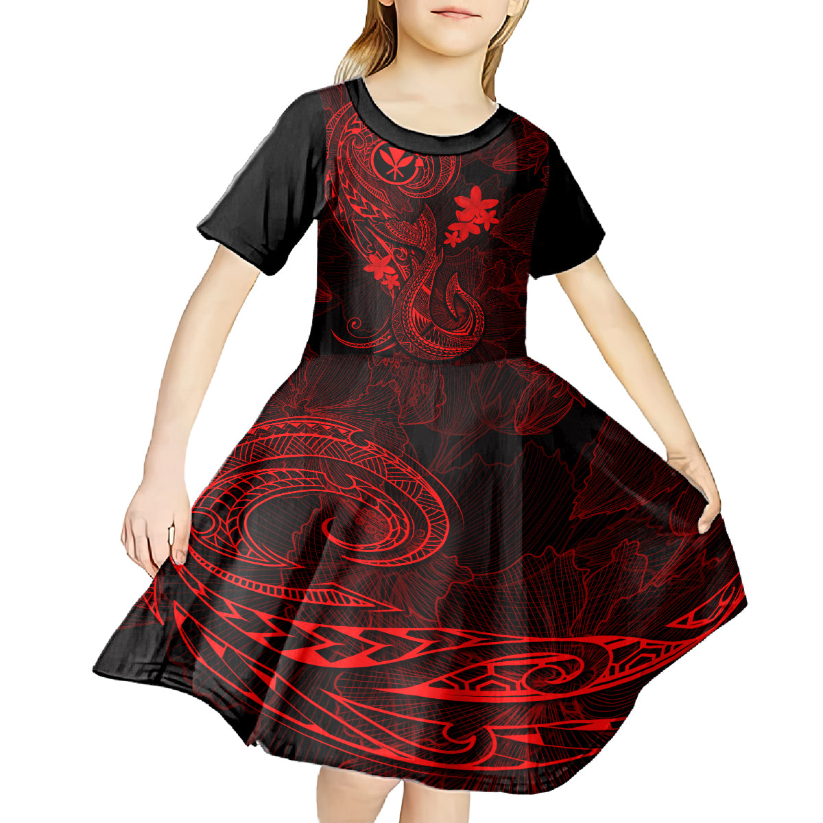 Hawaii Kid Short Sleeve Dress Fish Hook Tattoo Mix Polynesian Plumeria Red Version - Wonder Print Shop