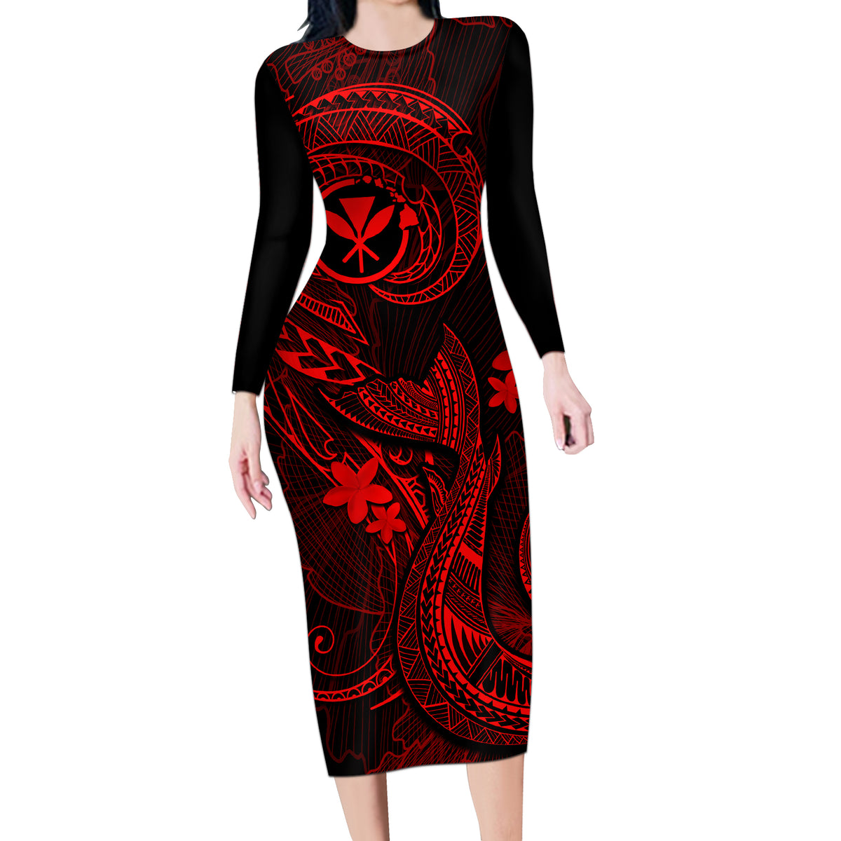 Hawaii Long Sleeve Bodycon Dress Fish Hook Tattoo Mix Polynesian Plumeria Red Version - Wonder Print Shop