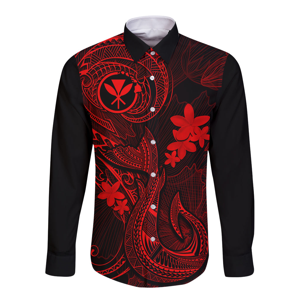 Hawaii Long Sleeve Button Shirt Fish Hook Tattoo Mix Polynesian Plumeria Red Version - Wonder Print Shop