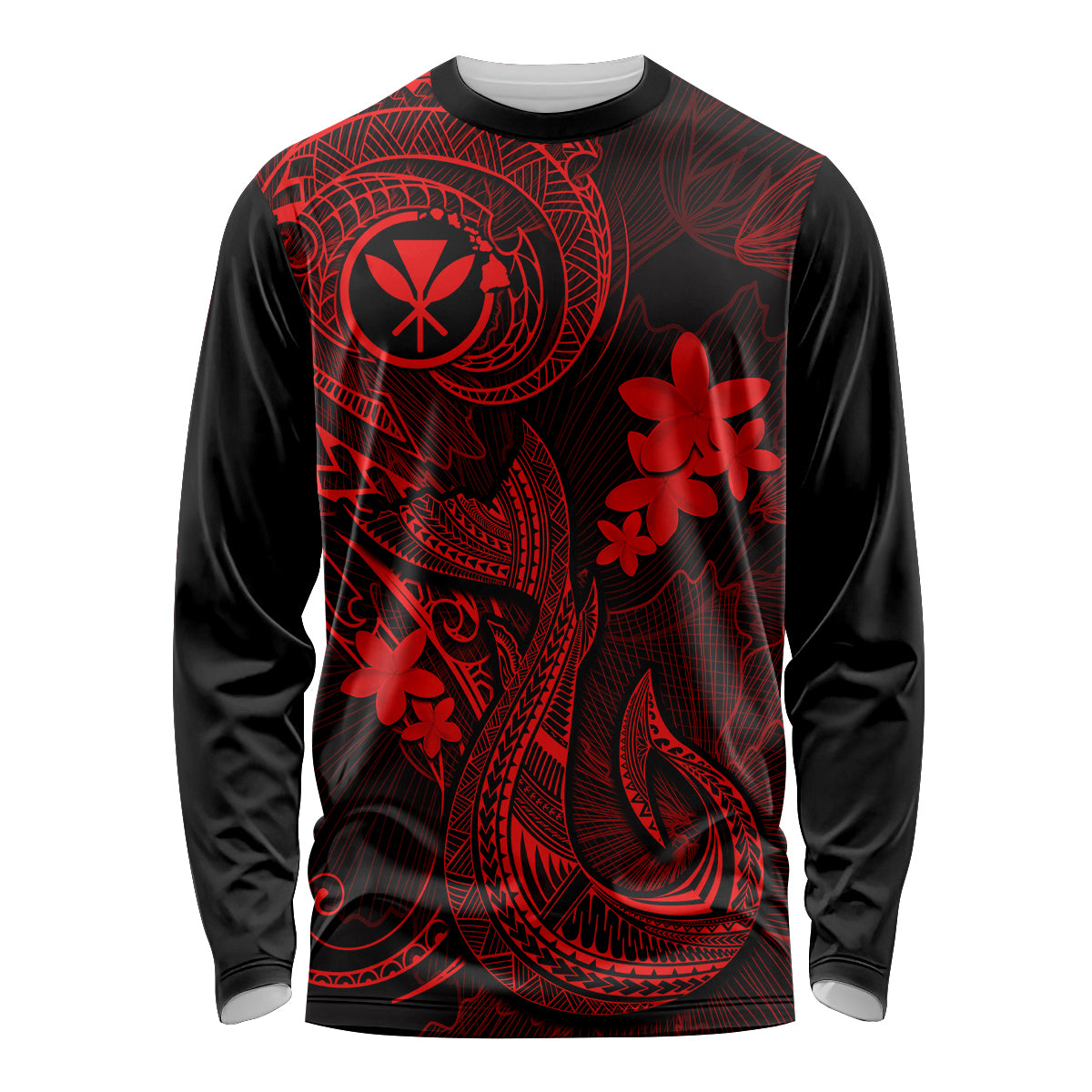 Hawaii Long Sleeve Shirt Fish Hook Tattoo Mix Polynesian Plumeria Red Version - Wonder Print Shop