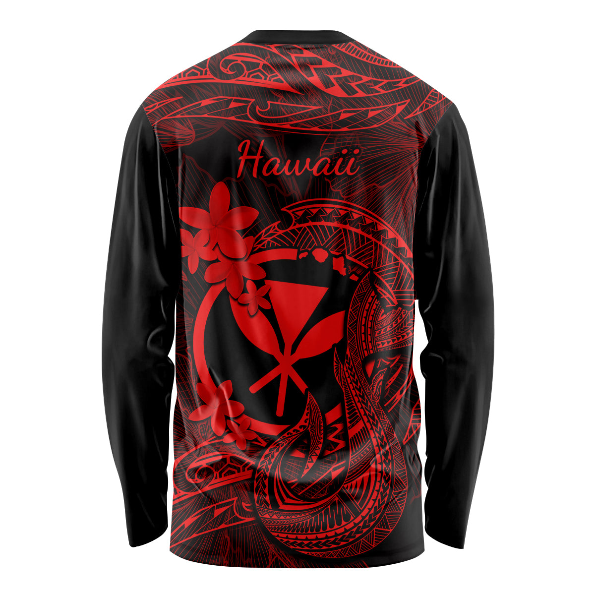 Hawaii Long Sleeve Shirt Fish Hook Tattoo Mix Polynesian Plumeria Red Version - Wonder Print Shop