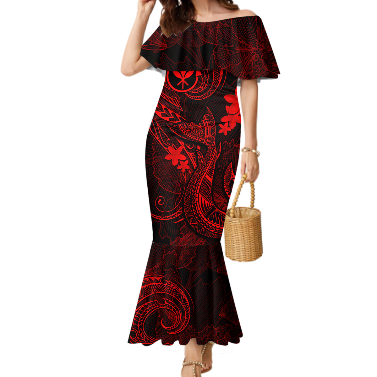 Hawaii Mermaid Dress Fish Hook Tattoo Mix Polynesian Plumeria Red Version - Wonder Print Shop