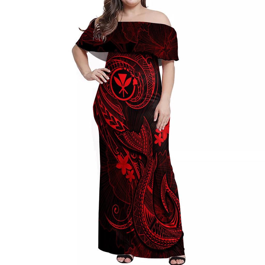 Hawaii Off Shoulder Maxi Dress Fish Hook Tattoo Mix Polynesian Plumeria Red Version - Wonder Print Shop