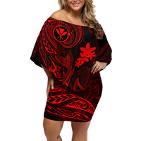 Hawaii Off Shoulder Short Dress Fish Hook Tattoo Mix Polynesian Plumeria Red Version - Wonder Print Shop