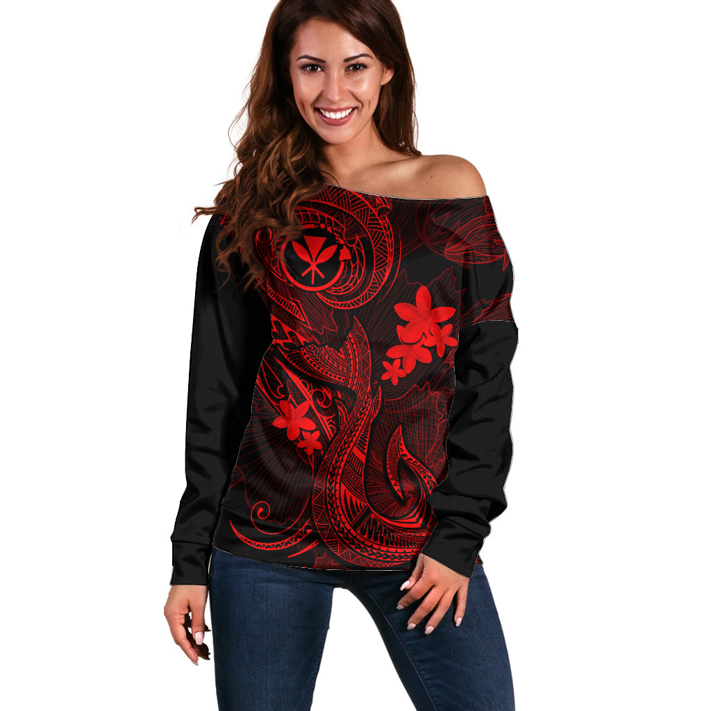 Hawaii Off Shoulder Sweater Fish Hook Tattoo Mix Polynesian Plumeria Red Version - Wonder Print Shop