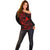 Hawaii Off Shoulder Sweater Fish Hook Tattoo Mix Polynesian Plumeria Red Version - Wonder Print Shop