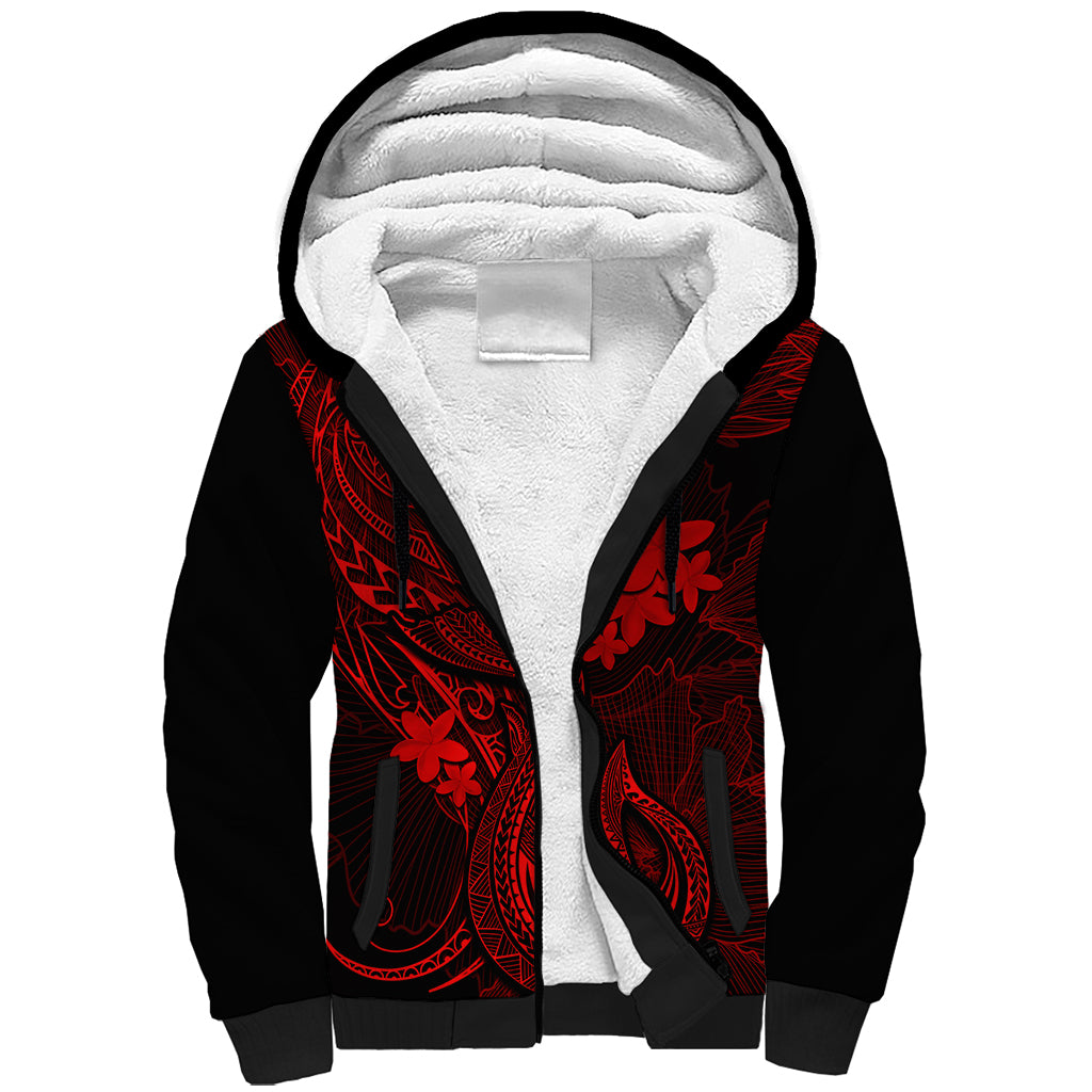 Hawaii Sherpa Hoodie Fish Hook Tattoo Mix Polynesian Plumeria Red Version - Wonder Print Shop