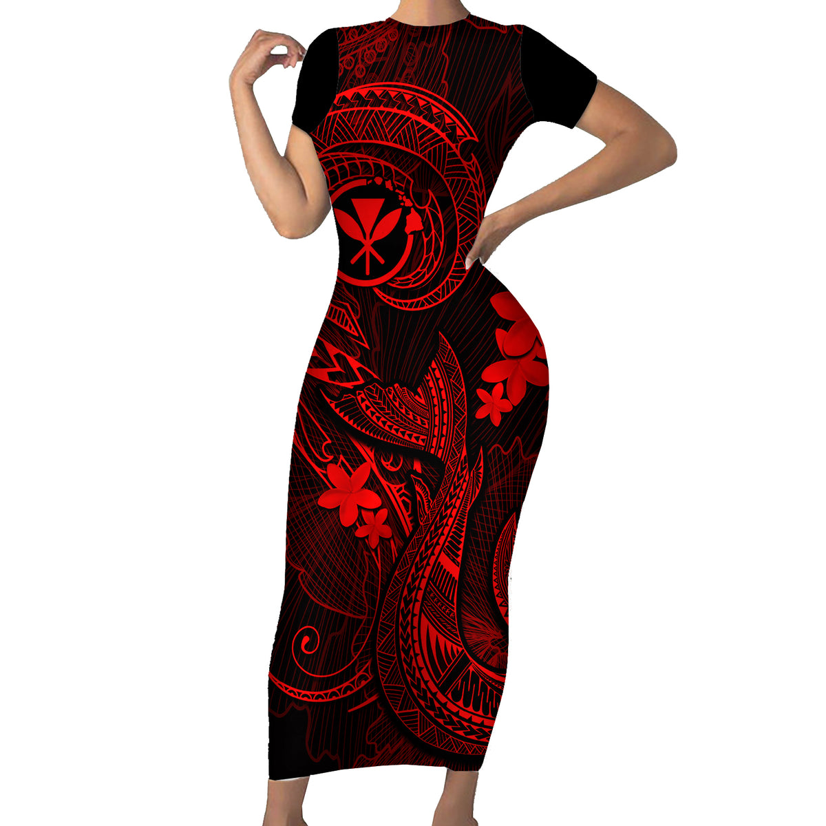 Hawaii Short Sleeve Bodycon Dress Fish Hook Tattoo Mix Polynesian Plumeria Red Version - Wonder Print Shop